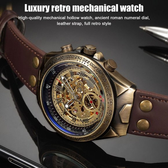 Luxury Men's Automatic Mechanical Wrist Watch Leather Strap Retro Skelet… - Picture 10 of 11
